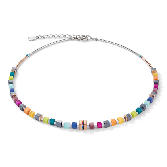 Rose Gold and Crystals Pave Multicoloured GeoCube Necklace